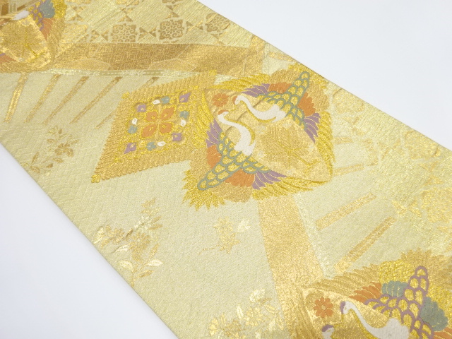 向かい鶴に花菱模様織り出し袋帯